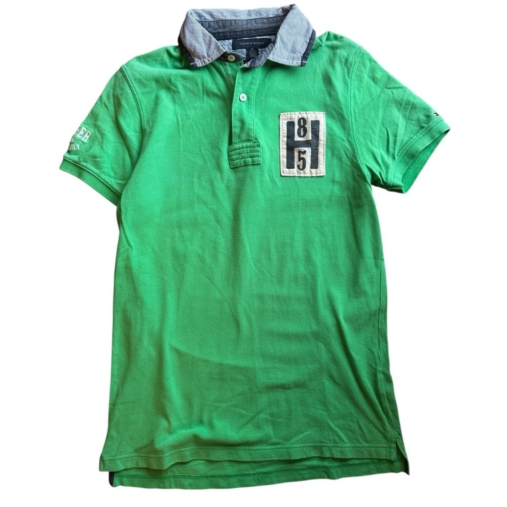 Tommy Hilfiger Vintage Green Rugby Polo Shirt M Patch Logo Short Sleeve Preppy